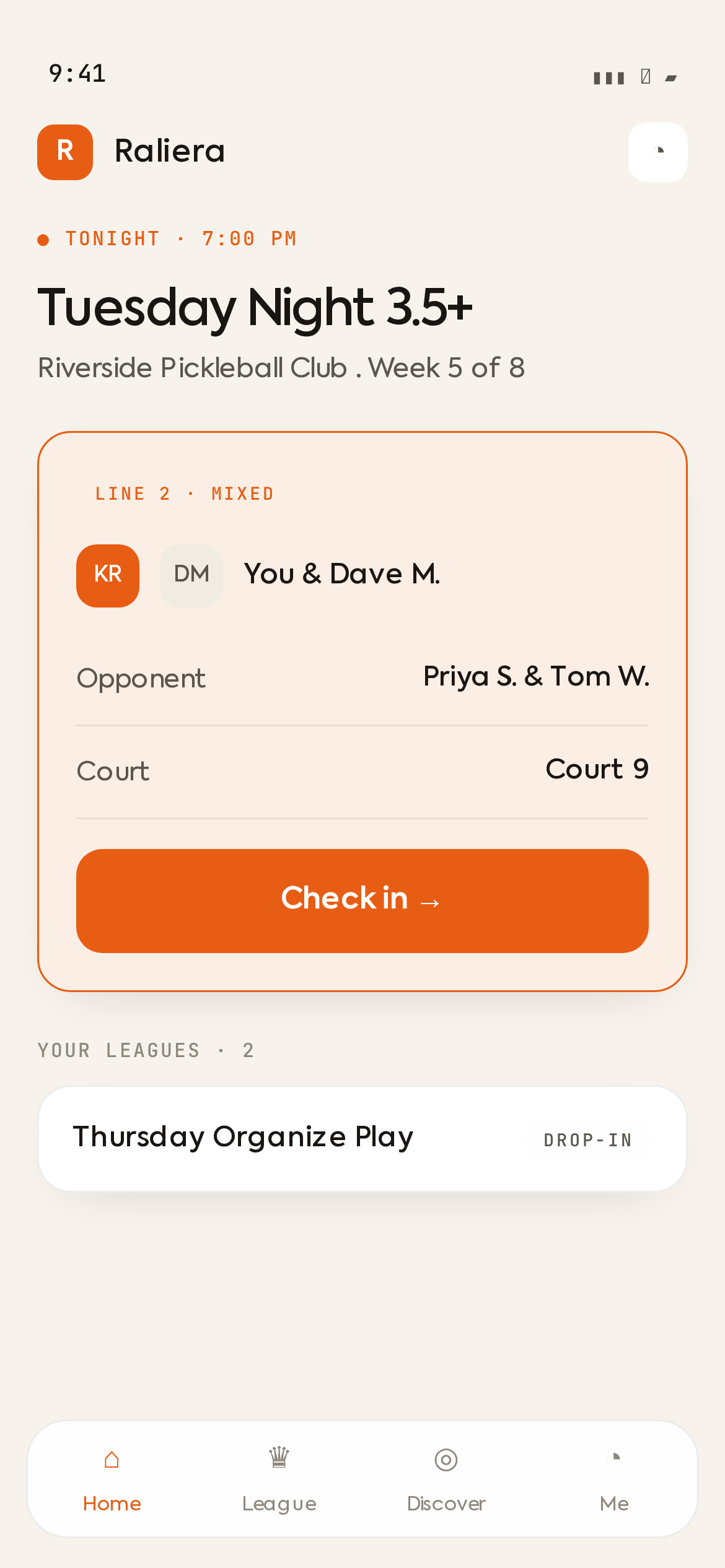 The Raliera player app on league night: tonight's match, partner, court and a check-in button